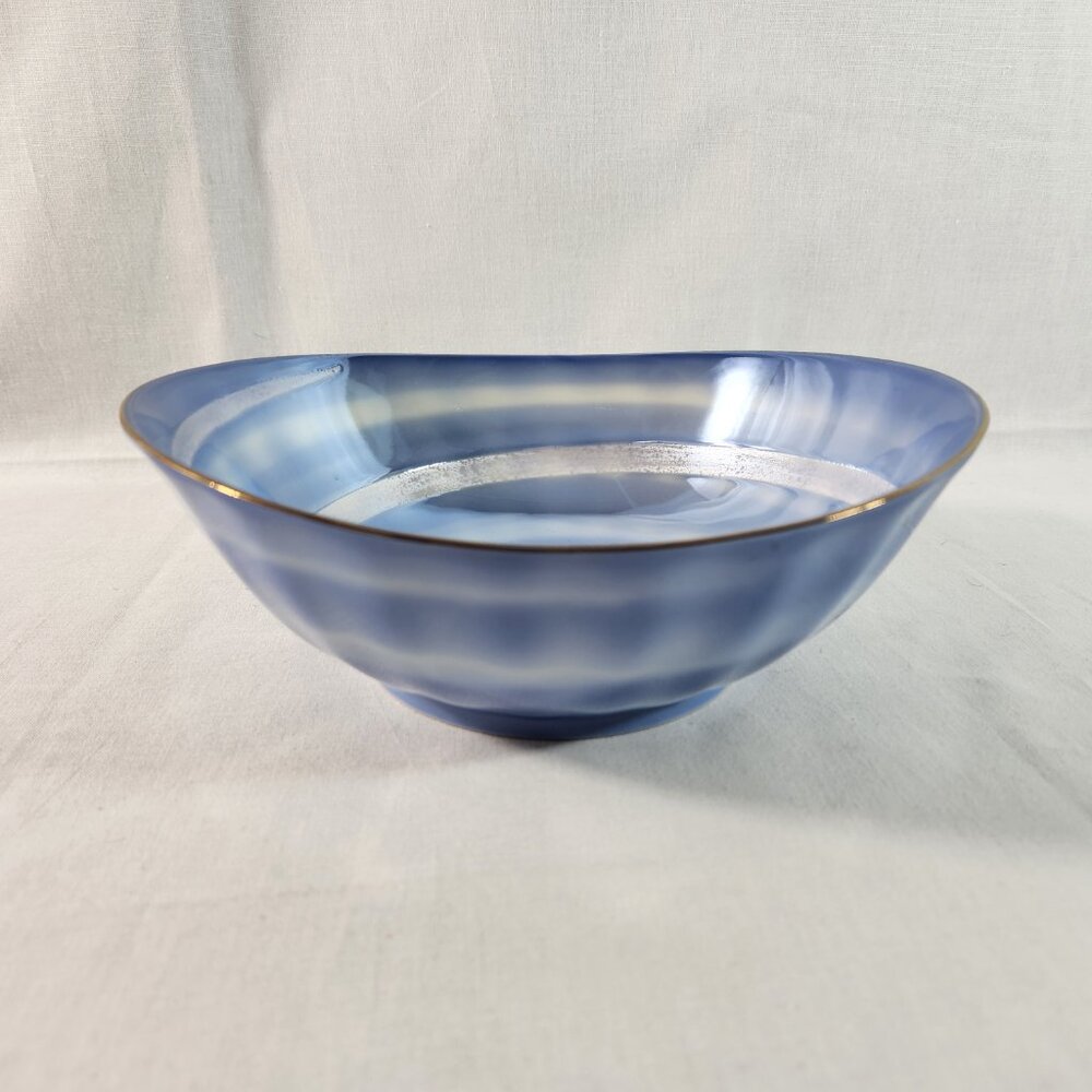 Japanese Ceramic Swirl Bowl Blue White Elongated Edge * Footed Shiny Inner Base - Picture 4 of 16
